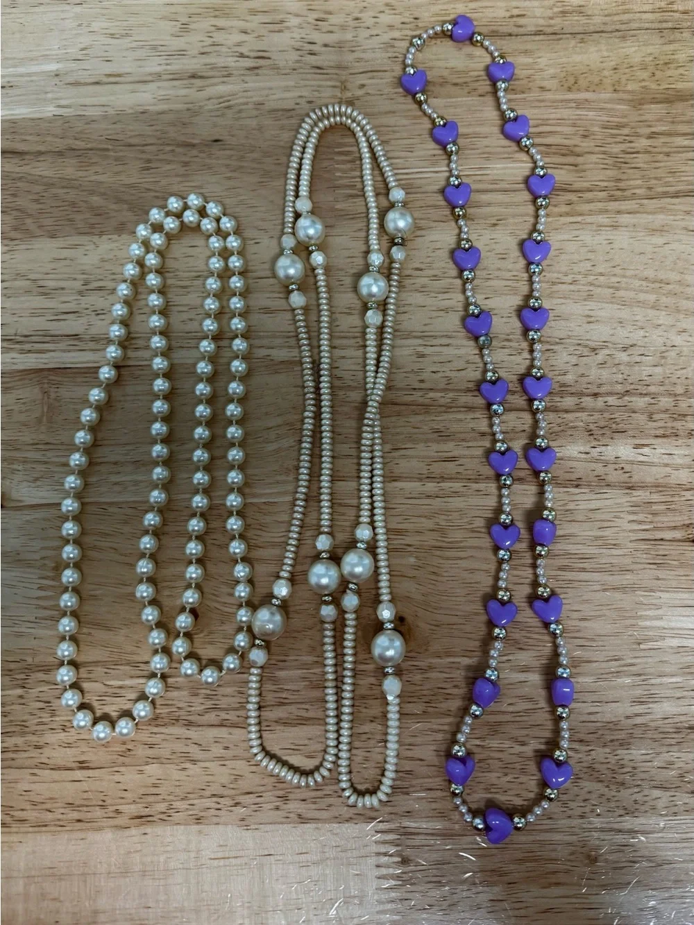 Layered Faux Pearl and Purple Heart Bead Necklace Set